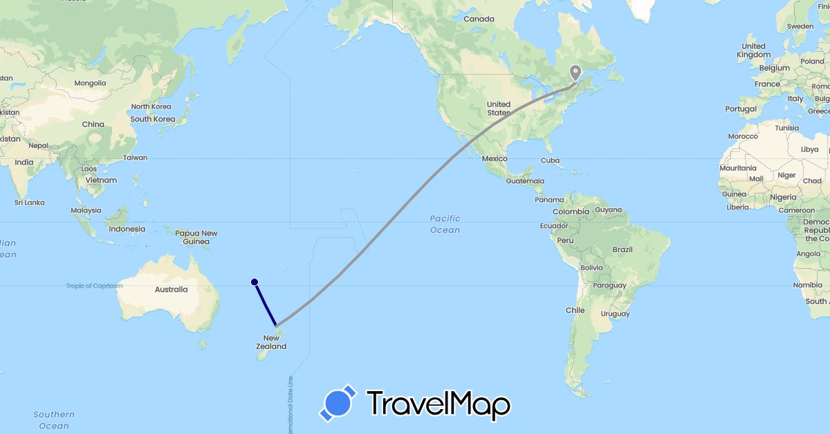 TravelMap itinerary: driving, plane in Canada, New Caledonia, New Zealand (North America, Oceania)